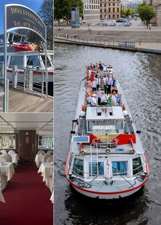 Ein Boot mit mehreren Personen fährt unter einer Brücke, im Hintergrund ist ein Gebäude sichtbar.