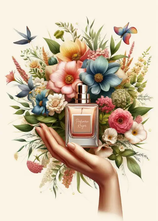 Die Hand einer Frau präsentiert eine Parfümflasche, umgeben von Blumen, in der Parfümerie Krüger.