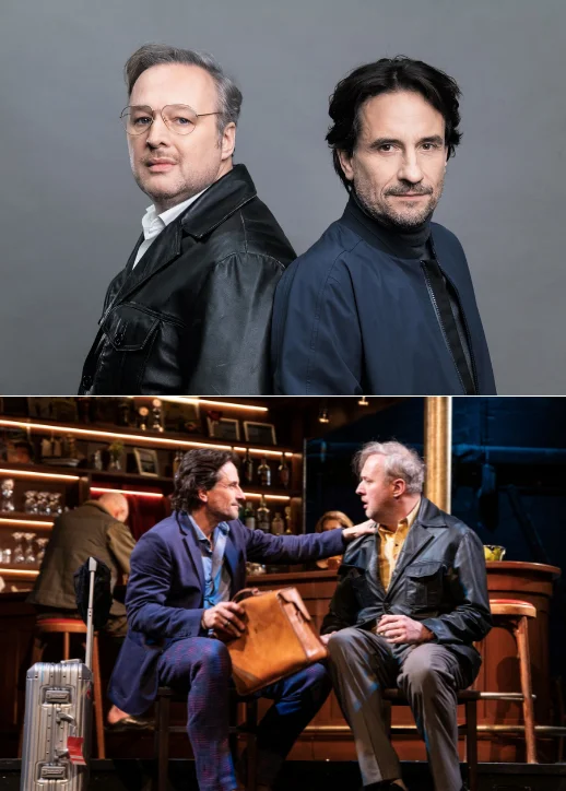 Zwei Fotos von Schauspielern in Anzügen und eines mit einem Mann auf einem Stuhl, aufgenommen im Renaissance Theater Berlin.