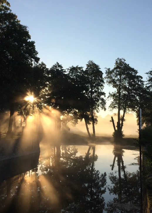 Sonnenaufgang über dem Wasser im Park des Wasserschlosses Mellenthin auf Usedom, umgeben von sanften Farben.