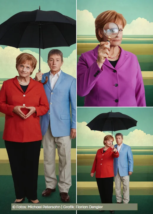 Collage: Die Schauspieler der Aufführung von "Miss Merkel" unter einem Regenschirm.