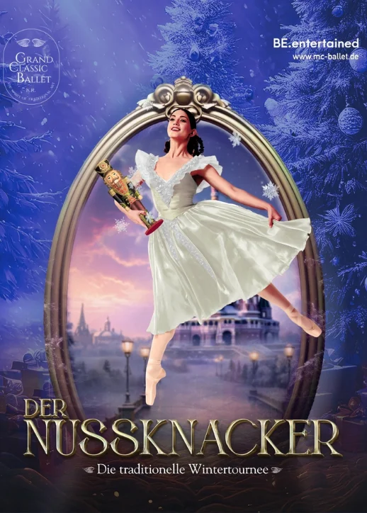 Plakat von "Der Nussknacker" mit einer Ballerina in eleganter Pose.