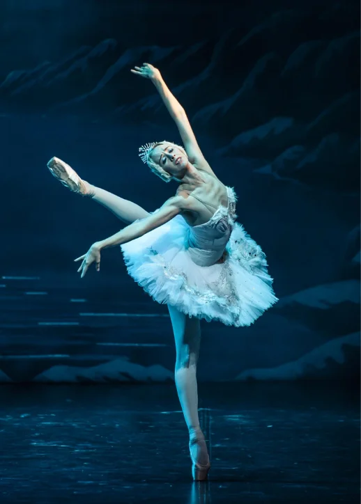 Ballerina in weißem Tutu führt auf der Bühne eine Darbietung im Schwanensee Grand Classic Ballett auf.
