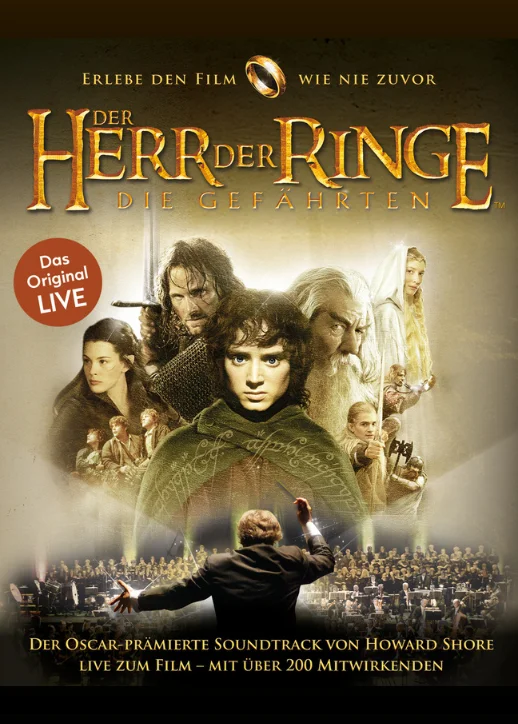 Filmplakat von "Der Herr der Ringe: Die zwei Türme" zeigt epische Szenen und Hauptfiguren in einer fantastischen Umgebung.