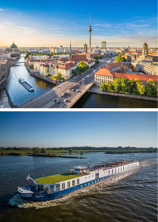 Zwei Fotos zeigen ein Flussboot und eine Stadt, passend zur Kreuzfahrt von Prag nach Berlin.