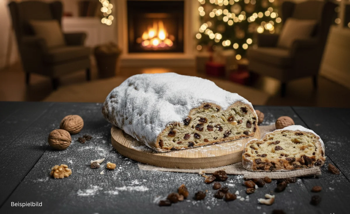 Dresdner Christstollen von Stollenbäckerei Krause, dekoriert mit Nüssen und Walnüssen auf einem Tisch.