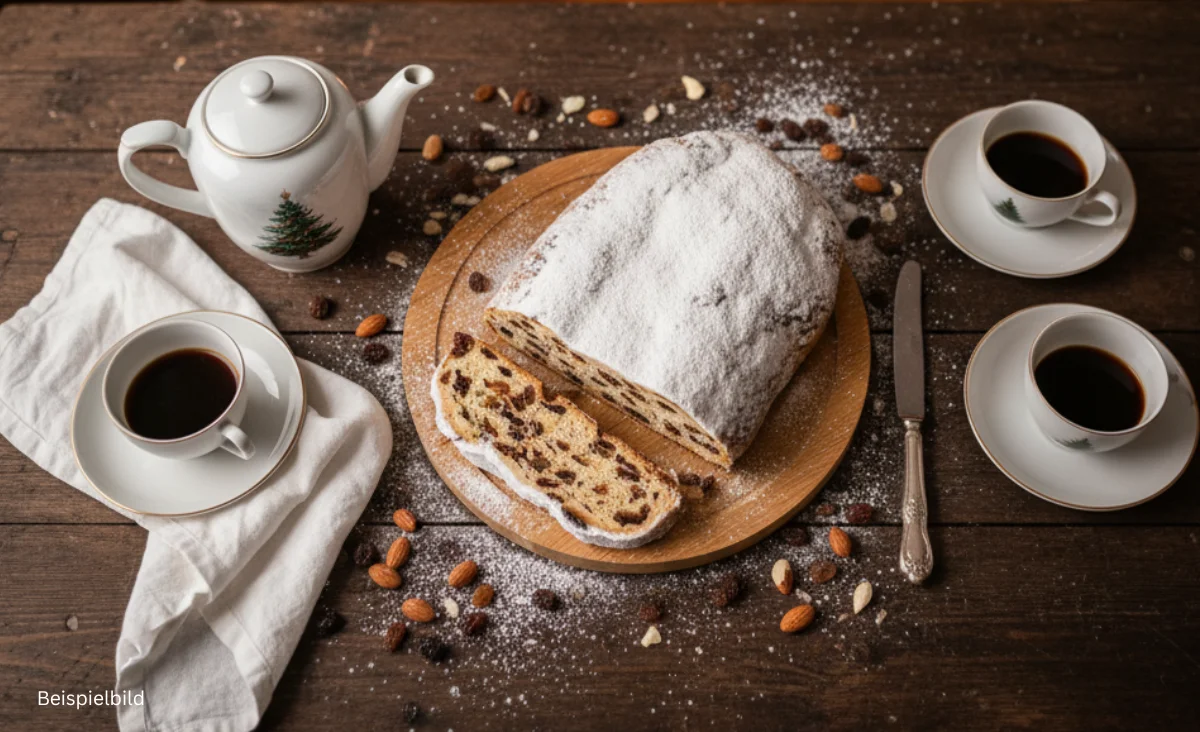 Eine Scheibe Christstollen mit Nüssen und eine Tasse Kaffee auf einem Holzuntergrund, typisch für die Stollenbäckerei Krause.