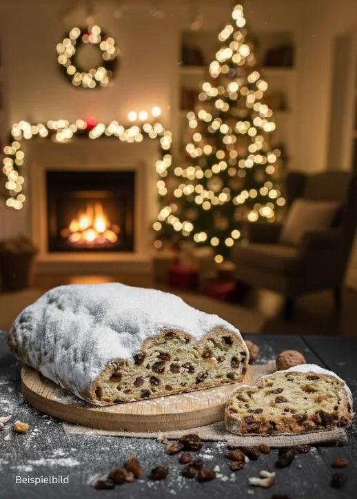 Dresdner Christstollen mit Nüssen und Rosinen auf einem Holzbrett, im Hintergrund ein gemütlicher Kamin.