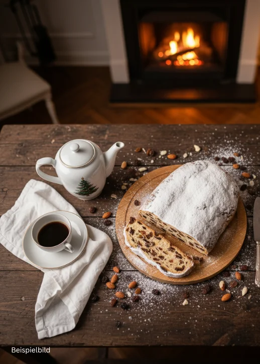 Eine Scheibe Christstollen mit Nüssen und eine Tasse Kaffee auf einem Holzuntergrund, typisch für die Stollenbäckerei Krause.