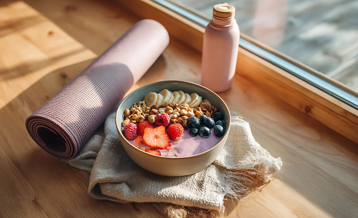 Eine Schüssel mit Obst und eine Yogamatte auf einem Tisch im Hotel Brandenburger Dom.