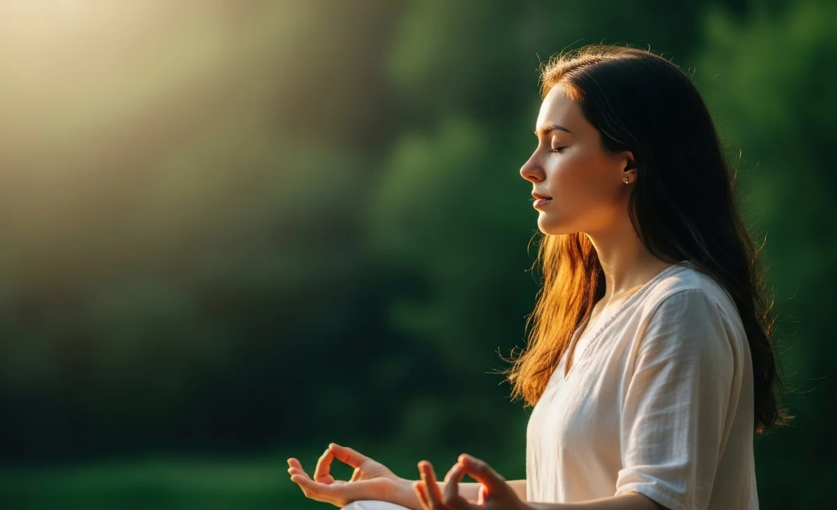 Eine Frau meditiert im Lotussitz im Freien vor dem Hotel Brandenburger Dom.