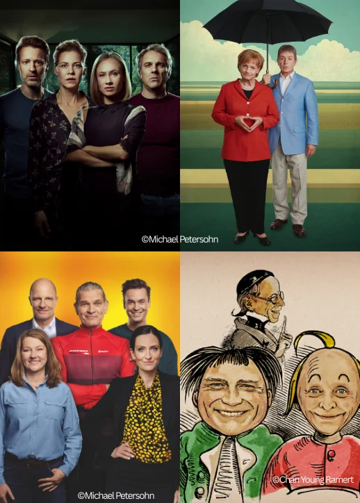 Vier verschiedene Plakat, darunter ein Mann mit einem Regenschirm, präsentieren die Komödie am Kurfürstendamm.