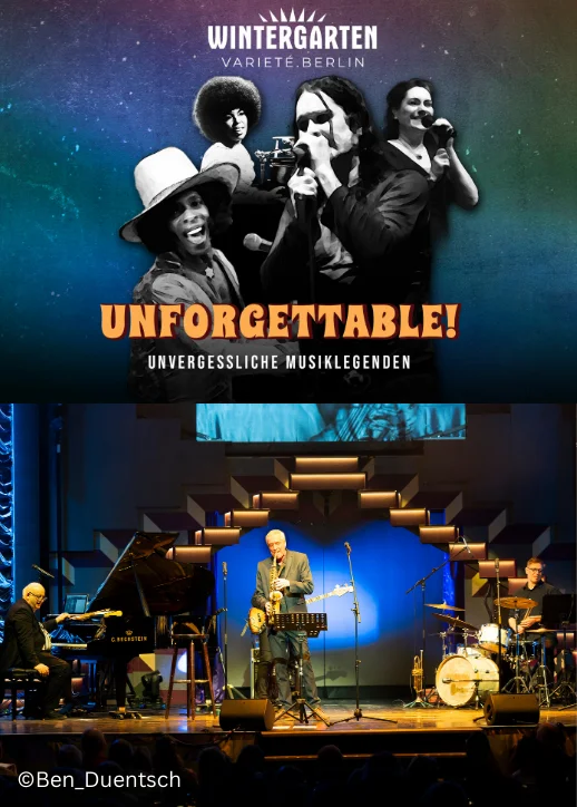 Ein Mann spielt Saxophon und steht mit seiner Band auf der Bühne bei "Unforgettable"im Wintergarten Berlin.