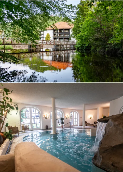 Zwei Bilder des Mühl Vital Resorts in Bad Lauterberg: eines vom Hotel und eines vom Spa-Bereich.