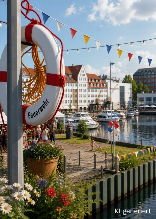 Ein Rettungsring mit der Aufschrift 'Feuerwehr' hängt an einem Metallpfosten im Vordergrund. Darunter befindet sich ein Blumenkasten mit weißen und gelben Blüten. Im Hintergrund sind Wasser, mehrere festgemachte Boote und weiße Gebäude mit roten Dächern zu sehen. Bunte Wimpelketten verlaufen quer über das Bild. Die Szene spielt bei Tageslicht am Wasser, vermutlich während des Tempelhofer Hafenfests in Berlin.