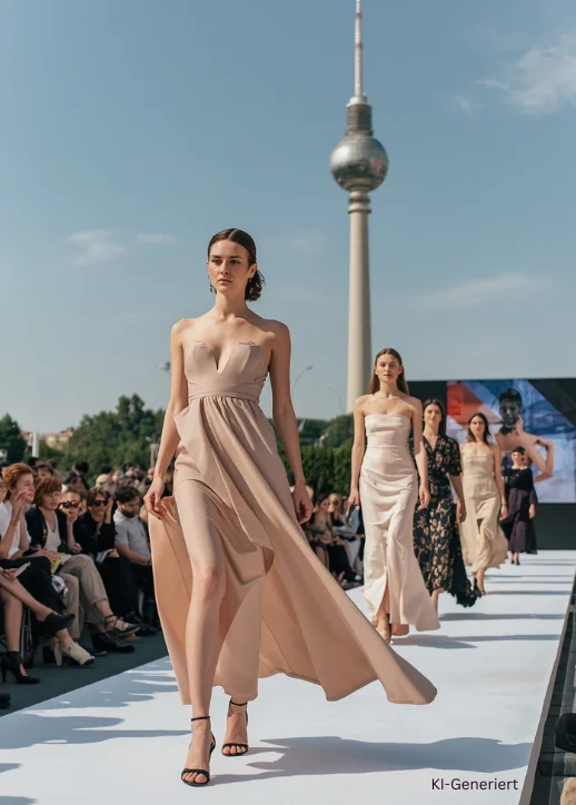 Fashion Open Air am Alexanderplatz. Im Vordergrund läuft eine Frau in einem beigefarbenen, schulterfreien Kleid und schwarzen Sandaletten auf einem Laufsteg. Ihr Kleid ist bodenlang und hat einen hohen Beinschlitz. Hinter ihr folgen weitere Frauen in eleganten, hellen und dunklen Kleidern. Der Laufsteg ist von sitzenden Zuschauern gesäumt. Im Hintergrund ragt der Berliner Fernsehturm am Alexanderplatz in den Himmel. Der Himmel ist klar, die Szene spielt im Freien bei Tageslicht.