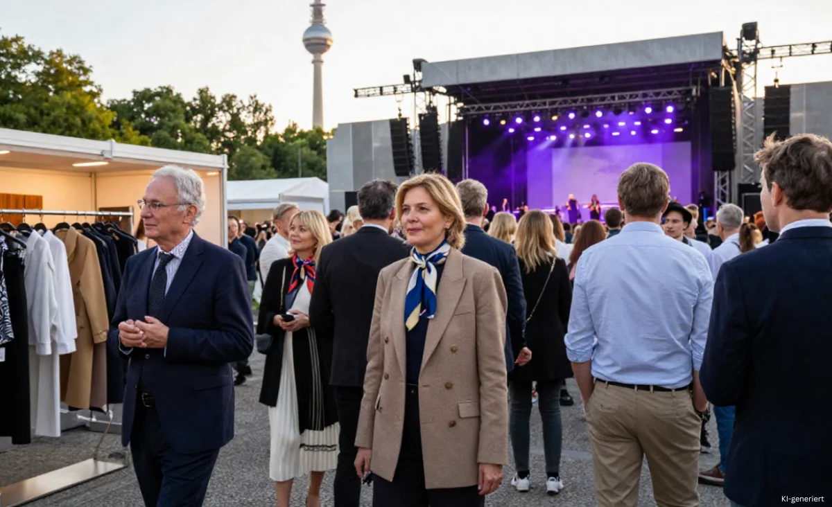 Im Vordergrund stehen mehrere Personen in eleganter Kleidung, darunter Anzüge und Mäntel, einige mit Halstüchern. Im Hintergrund befindet sich eine Bühne mit lila Beleuchtung, auf der Menschen stehen. Links sind Kleiderständer mit verschiedenen Kleidungsstücken zu sehen. Im Hintergrund ragt der Berliner Fernsehturm über die Bäume hinaus. Die Szene spielt beim Fashion Open Air am Alexanderplatz.