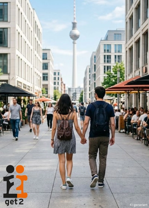 Ein Paar flaniert durch Berlin und nutzt die Vorteile der Get2card-Berlin für Sehenswürdigkeiten und Aktivitäten.