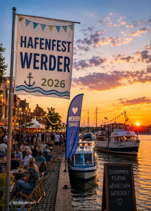 Im Vordergrund weht ein großes Banner mit der Aufschrift 'Hafenfest Werder 2026' und einem stilisierten Anker. Rechts daneben steht ein weiteres, schmaleres Banner mit der Aufschrift 'Werder (Havel)'. Entlang des Ufers sitzen zahlreiche Menschen an Tischen, die dicht aneinandergereiht sind. Im Hintergrund liegen festlich beleuchtete Boote am Wasser, während die Sonne in warmen Orangetönen untergeht. Links säumen beleuchtete Gebäude die Promenade. Im rechten Bildbereich steht eine Tafel mit der Aufschrift 'Zusammen. Feiern. Genießen. Werder!'. Die Szene vermittelt eine lebendige, festliche Atmosphäre am Wasser während des Hafenfestes in Werder.