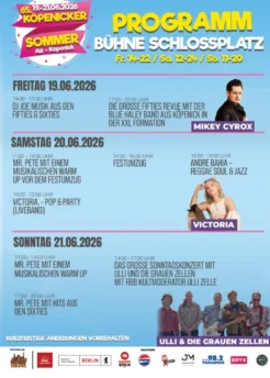 Ein Werbeflyer mit Programm der Veranstaltung Köpenicker Sommer 2026