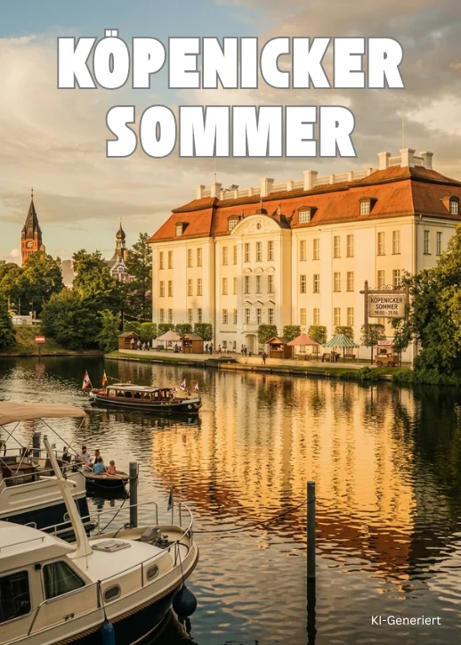 Im Vordergrund liegen mehrere Boote am Ufer eines Flusses. Im Zentrum steht das Köpenicker Schloss, ein großes, helles Gebäude mit rotem Dach und zahlreichen Fenstern, das sich im ruhigen Wasser spiegelt. Rechts am Schloss ist ein Schild mit der Aufschrift 'Köpenicker Sommer' angebracht. Im Hintergrund sind Bäume und weitere Gebäude zu sehen, darunter ein Kirchturm. Die Szene ist in warmes Licht getaucht und vermittelt eine sommerliche Atmosphäre. Oben im Bild steht in großen weißen Buchstaben 'KÖPENICKER SOMMER'.