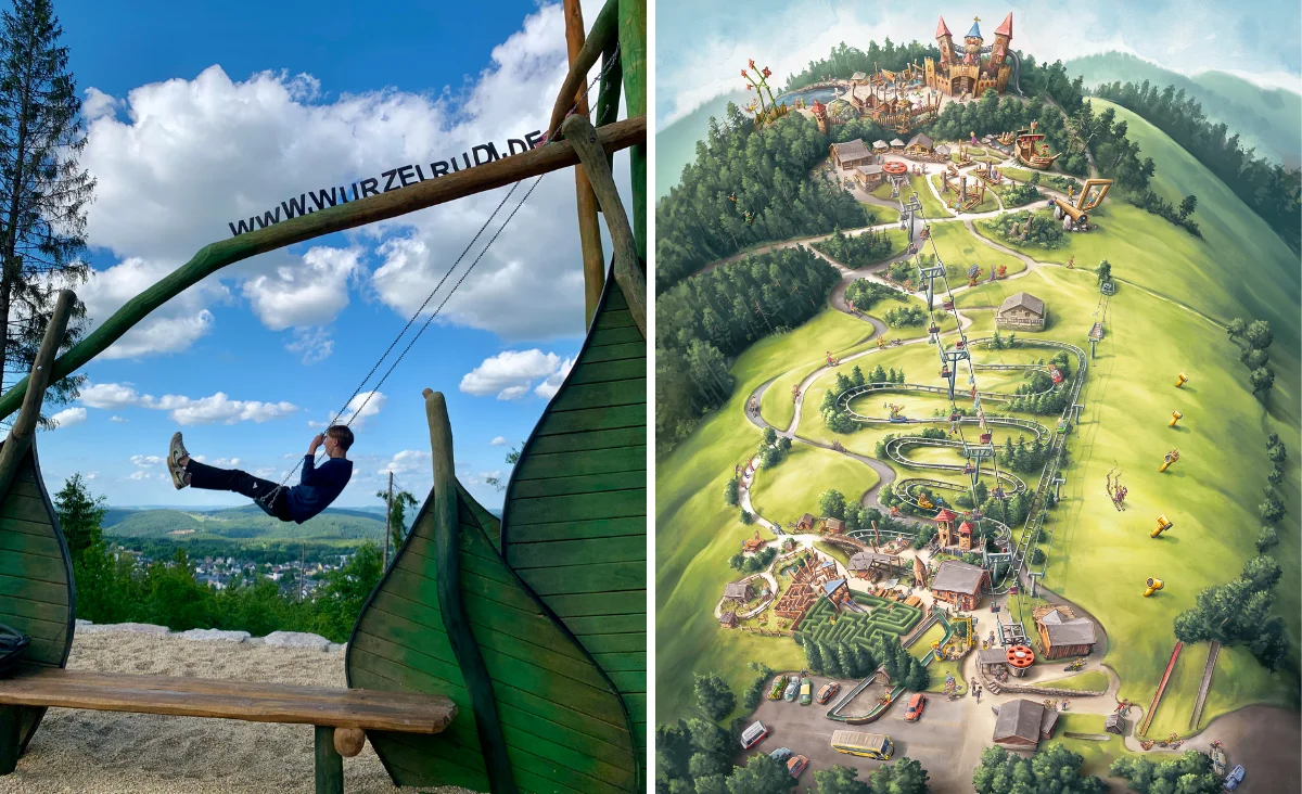 Links schaukelt ein Kind auf einer großen Holzschaukel, die aus grün gestrichenen Holzelementen in Blattform gestaltet ist. Im Hintergrund sind Bäume, blauer Himmel mit Wolken und eine weite Landschaft zu sehen. Über der Schaukel ist die Webadresse von Wurzelrudis Erlebniswelt angebracht. Rechts zeigt eine farbige Übersichtsgrafik das gesamte Gelände von Wurzelrudis Erlebniswelt. Die Illustration stellt verschiedene Attraktionen, Wege, Gebäude und eine Sommerrodelbahn dar, die sich über einen bewaldeten Hügel erstrecken. Die Grafik ist detailreich und vermittelt einen Überblick über das Freizeitgelände.
