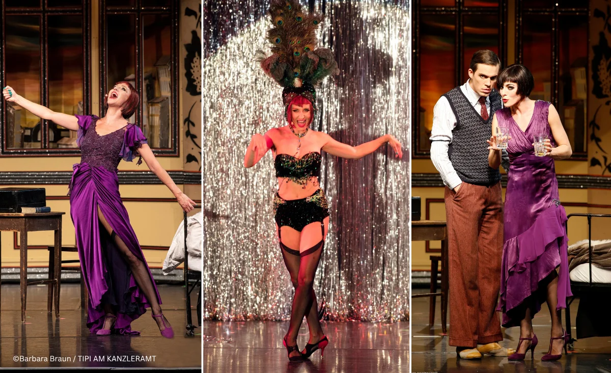 Drei Szenen aus »Cabaret Berlin! – das Berlin Musical« sind nebeneinander angeordnet. Die Bühnenbilder und Kostüme erinnern an das Berlin der 1920er Jahre.