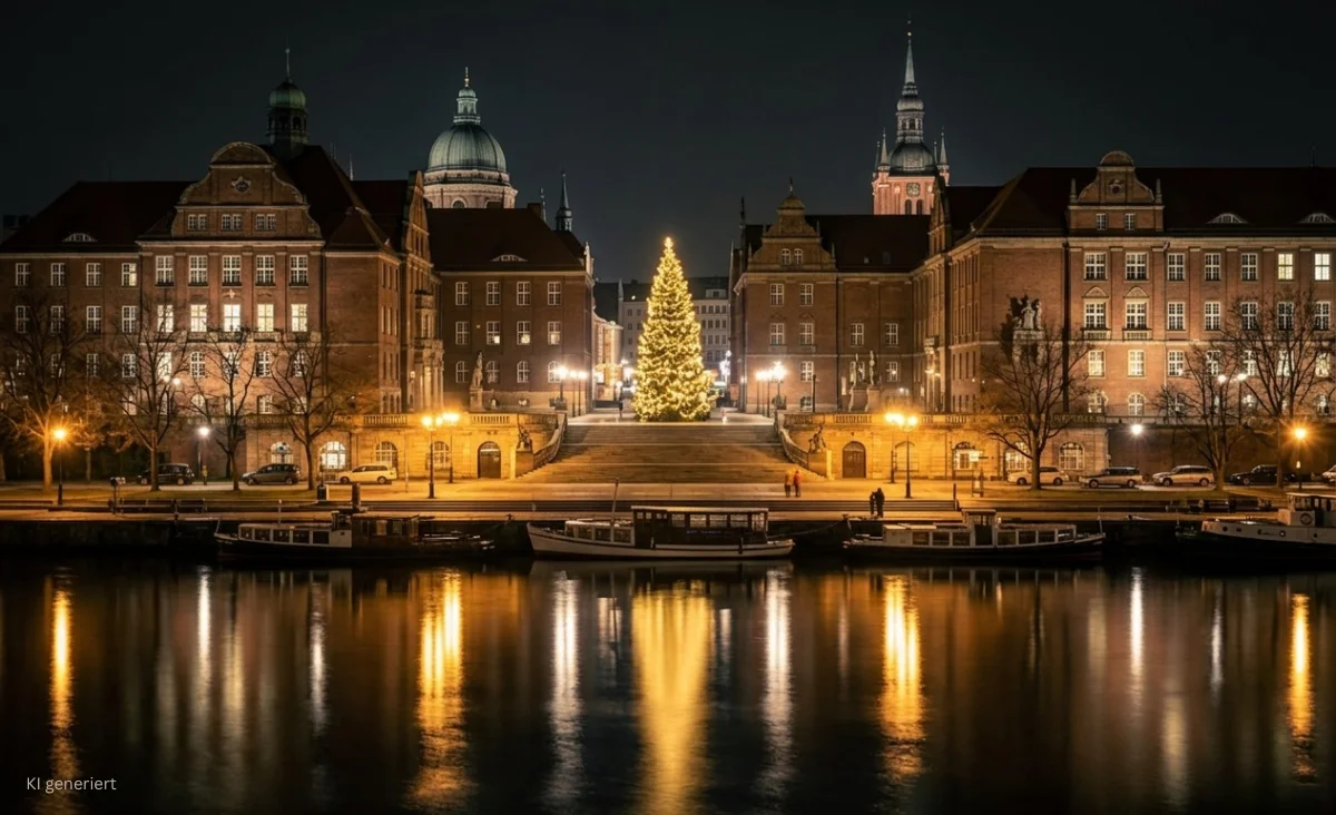Zentral auf einem nächtlich beleuchteten Platz in Stettin steht ein großer, festlich geschmückter Weihnachtsbaum, der von Lichterketten erhellt wird. Im Hintergrund sind mehrere historische Gebäude mit Kuppeln und Türmen zu sehen, deren Fassaden ebenfalls angestrahlt werden. Im Vordergrund spiegelt sich das Licht der Straßenlaternen und des Baumes im ruhigen Wasser eines Flusses, an dessen Ufer mehrere festgemachte Schiffe liegen.