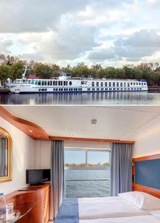 Flusskreuzfahrtschiff auf ruhigem Wasser vor bewaldetem Ufer und Kabineninnenraum mit zwei Einzelbetten, Fenster mit Blick auf Wasser