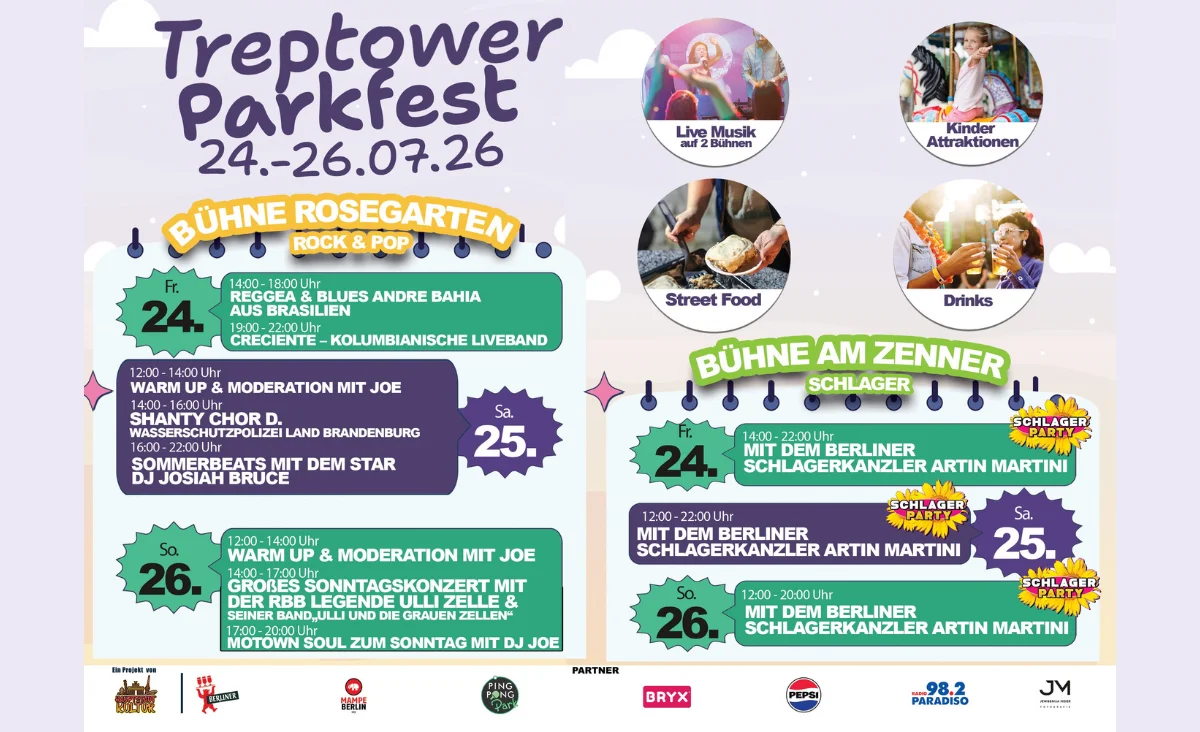 Veranstaltungsplakat für das Treptower Parkfest vom 24. bis 26. Juli 2026 mit Bühnenprogramm, Live-Musik, Kinderattraktionen, Street Food und Getränken, aufgeteilt in die Bühnen Rosegarten (Rock & Pop) und Zenner (Schlager) mit detailliertem Zeitplan und Künstlern.