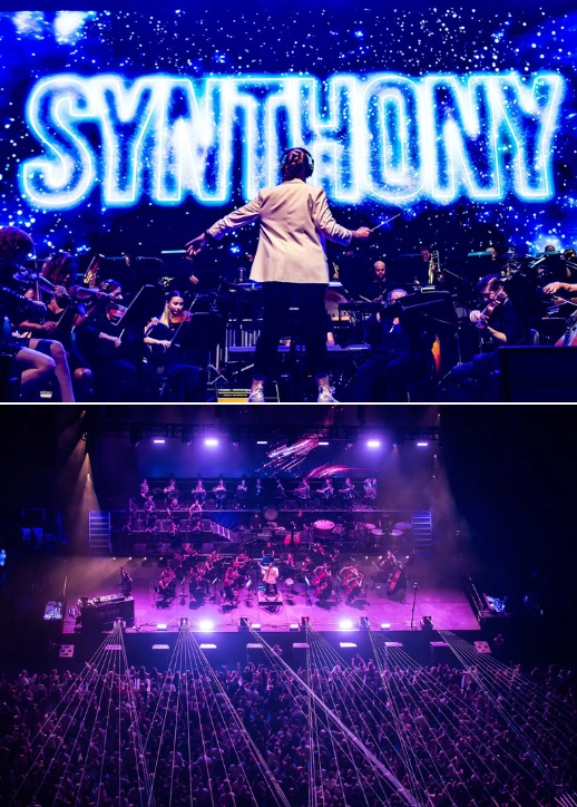 Visualisierung des Synthony-Konzerts in der Uber Arena, das die Europa-Tour 2026 bewirbt, mit künstlerischen Designelementen.