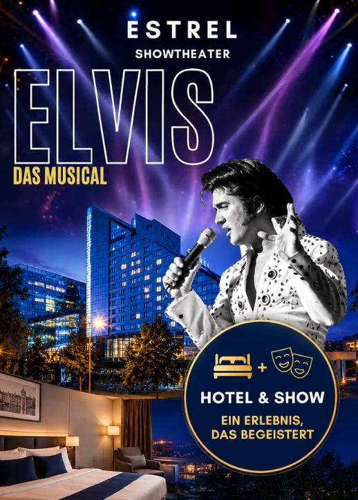 Eine Collage aus Bilder von Estrel Show Theater, Werbeflyer zur Show Elvis das Musical