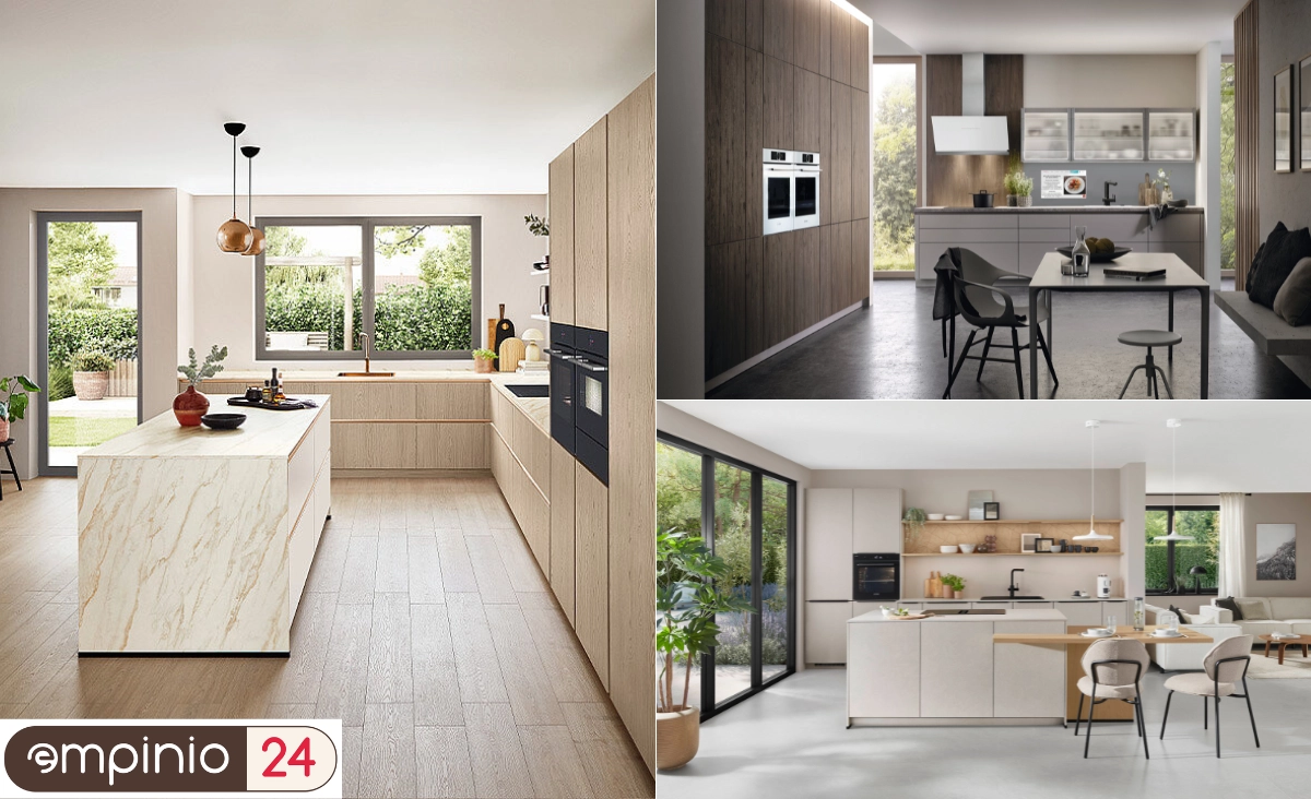 Collage zeigt eine moderne Küche mit hochwertigen Möbeln, Geräten und ansprechendem Design in einem einladenden Ambiente.