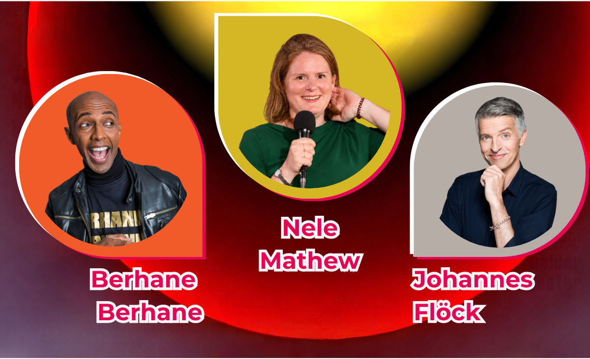 Bilder der 3 Comedians bei Lippe Lacht, Behane Behane, Nele Mathew und Johannes Flöck.