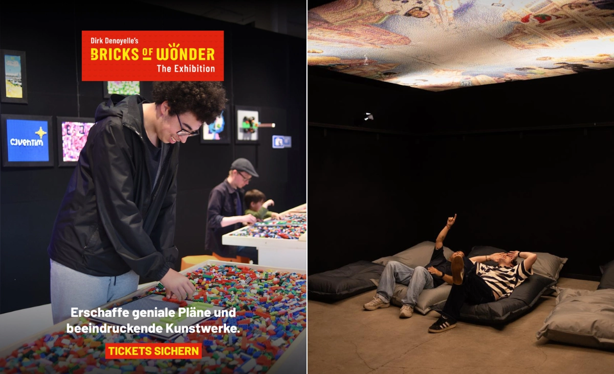 Links eine Person mit dunklen Locken und Brille, die an einem Tisch mit bunten LEGO-Steinen arbeitet, rechts zwei Personen, die auf schwarzen Sitzsäcken liegen und an eine mit LEGO-Steinen gestaltete Decke schauen.