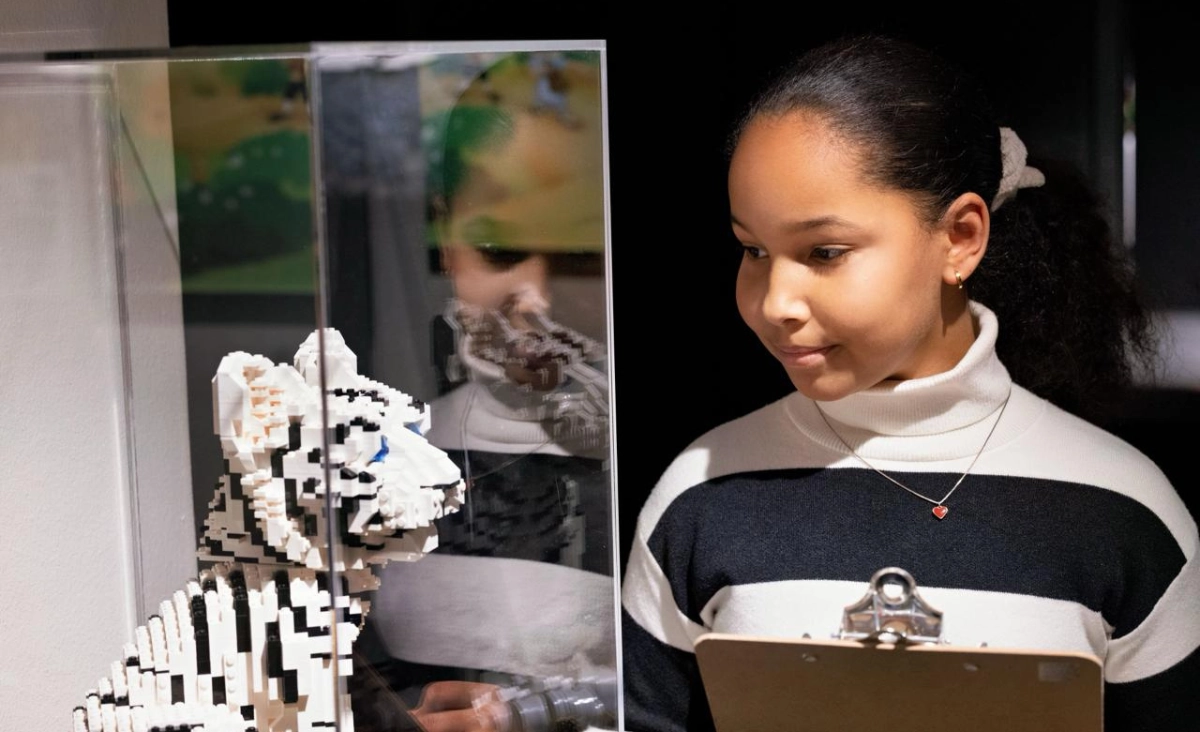 Ein Mädchen betrachtet eine weiße Lego-Tigerfigur hinter einer Glasvitrine und hält ein Klemmbrett in der Hand
