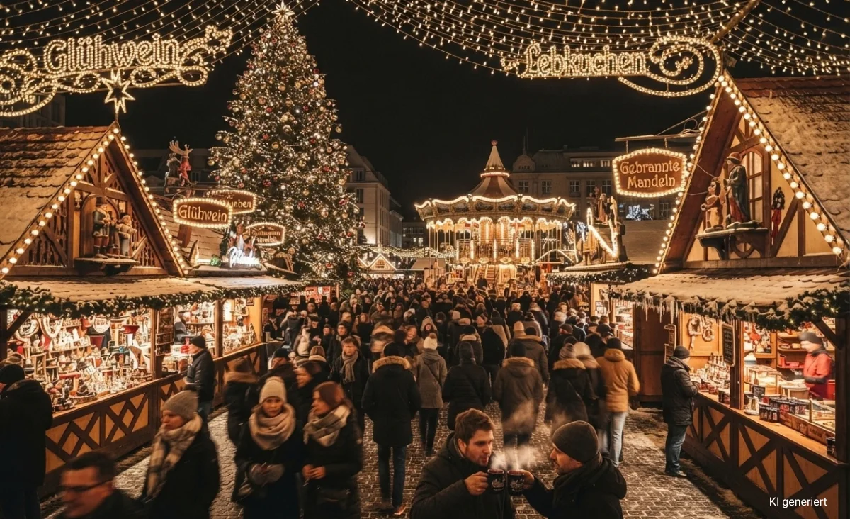 Menschenmenge vor einem beleuchteten Torbogen und einem geschmückten Weihnachtsbaum
