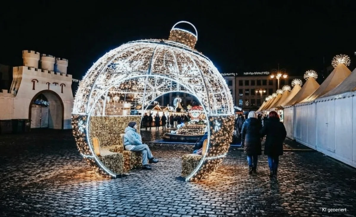 Große beleuchtete Weihnachtskugel aus Lichterketten mit Sitzbänken, umgeben von weißen Zelten auf dem Potsdamer Weihnachtsmarkt bei Nacht