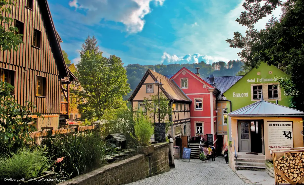 Fachwerkhäuser und bunte Gebäude mit Schildern für Hotel Zur Mühle und Brauerei in einem Dorf mit Kopfsteinpflaster und Bäumen im Hintergrund